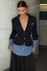 Denim Patchwork Notched Lapel Blazer