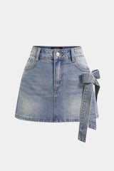 Denim Asymmetrical Rhinestone Bow Skirt