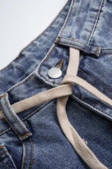 Denim Drawstring Beads Decor High Waist Wide Leg Jeans