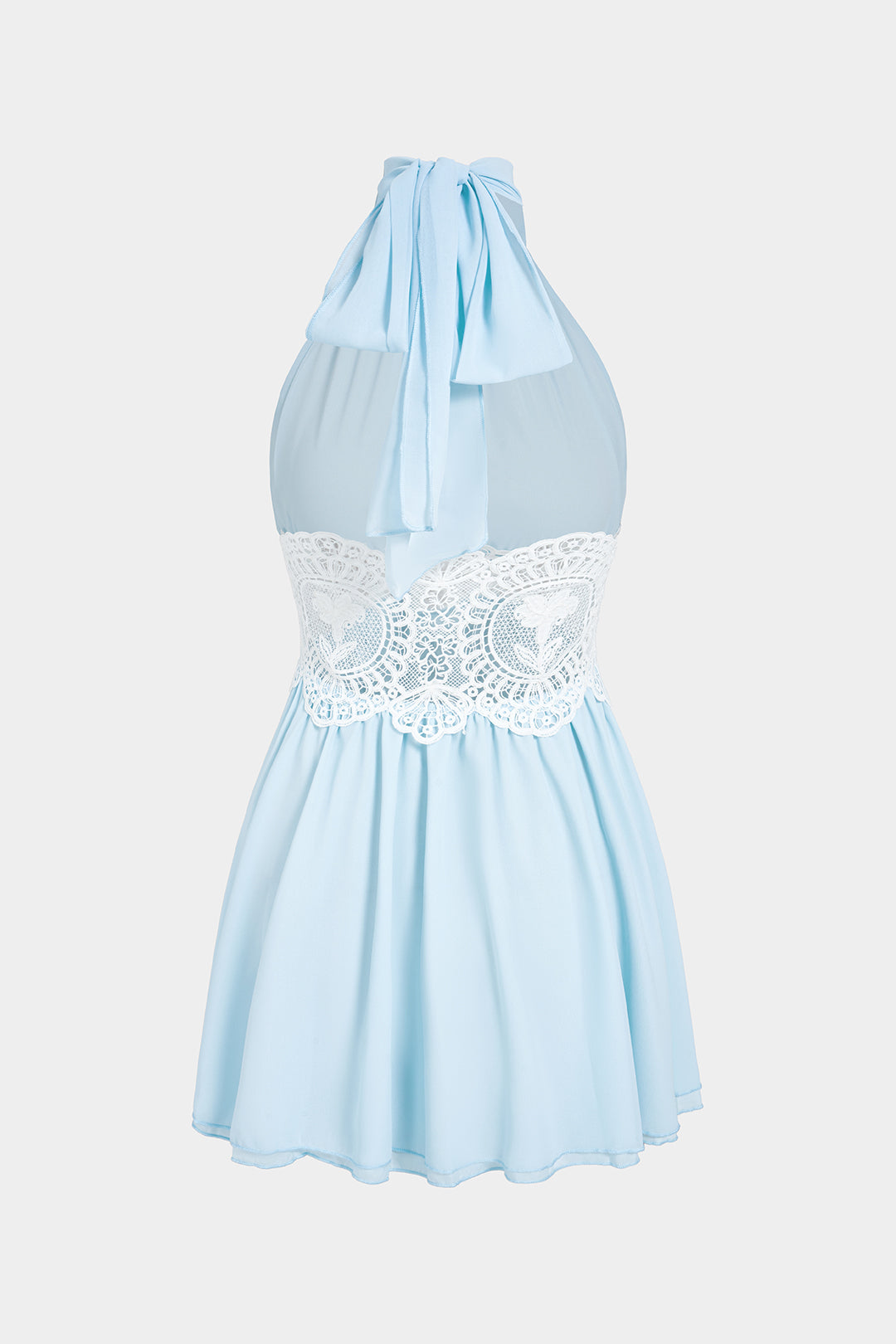 Chiffon Patchwork Lace Halter Neck Tie-Up Backless Cut Out Sleeveless Mini Dress