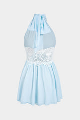 Chiffon Patchwork Lace Halter Neck Tie-Up Backless Cut Out Sleeveless Mini Dress
