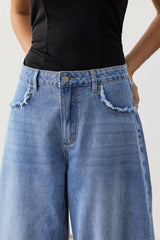 Denim Frayed Wide Leg Jeans