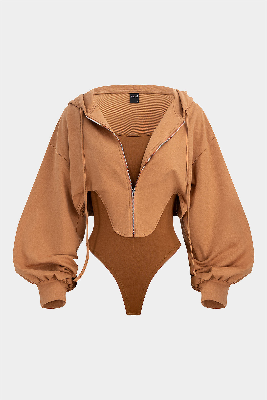 Contrast Hooded Zipper Drawstrings Long-Sleeve Bodysuit