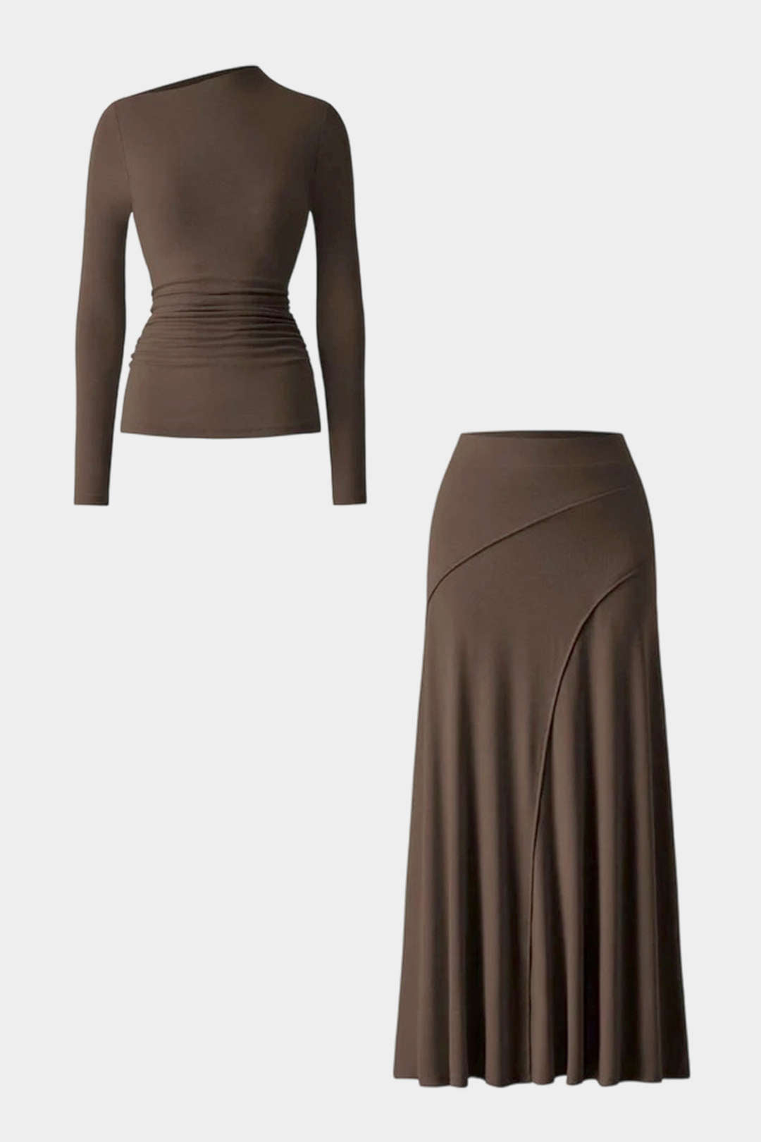 Asymmetrical Neck Long-Sleeve Top And Stitching Detail Skirt Set