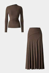 Asymmetrical Neck Long-Sleeve Top And Stitching Detail Skirt Set