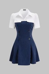 Contrast Stripes Print Button Lapel Patchwork Short Sleeve Mini Dress
