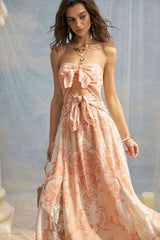 Bohemian Print Lace Patchwork Knotted Cut Out Strapless Midi Dress