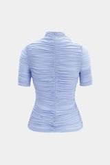3D Flower Mock Neck Ruched Zipper Short Sleeve T-shirt