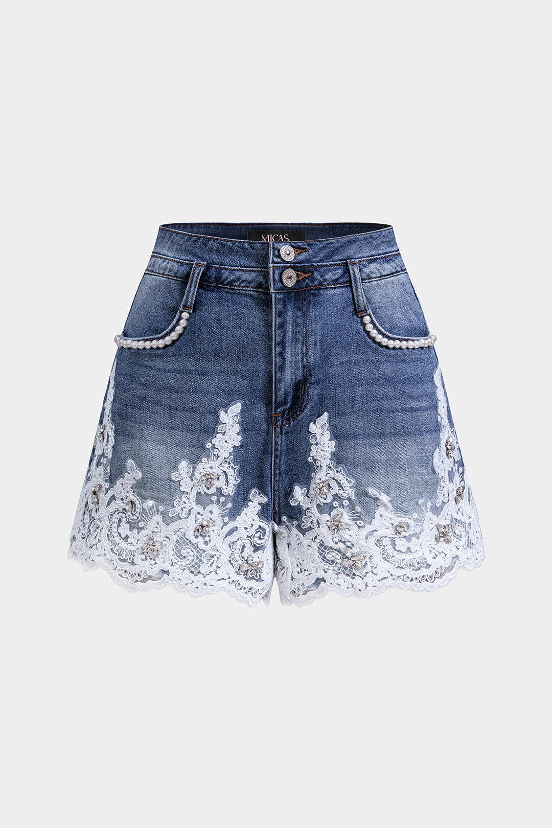 Denim Patchwork Lace Rhinestone Pearls Wide Leg Shorts