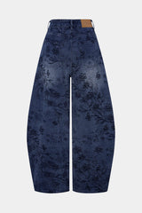Denim Floral Print Zipper Barrel Jeans