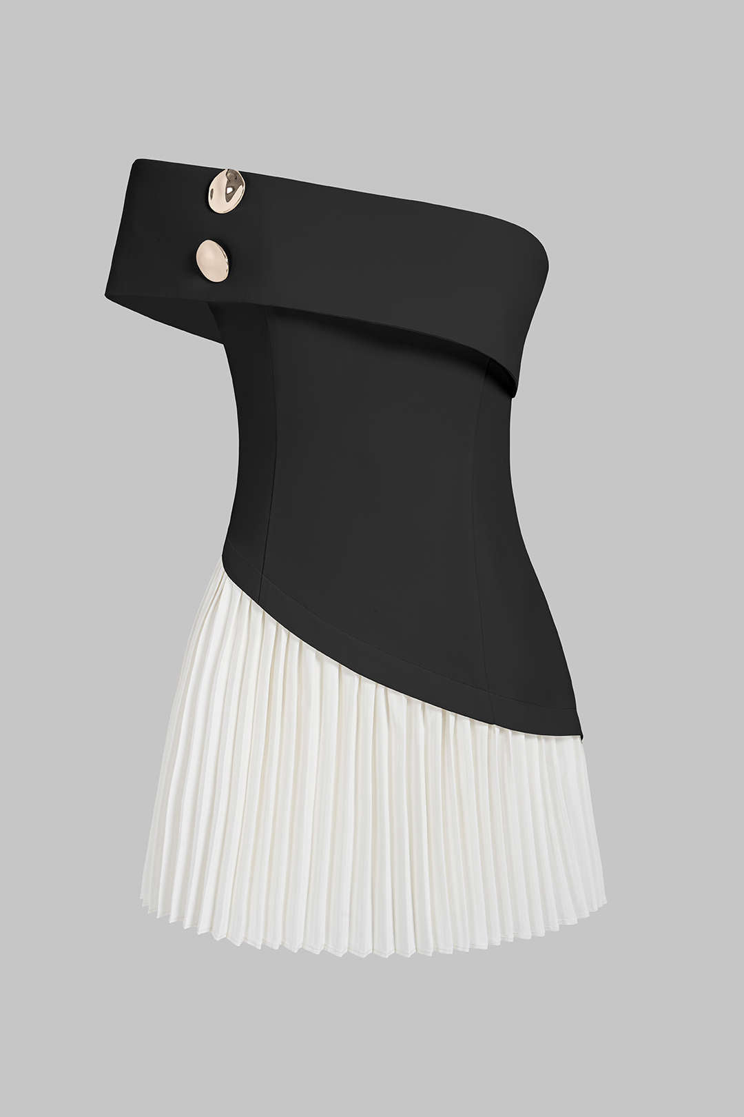 Contrast Off Shoulder Metallic Asymmetrical Pleated Sleeveless Mini Dress