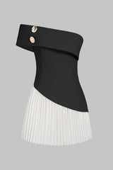 Contrast Off Shoulder Metallic Asymmetrical Pleated Sleeveless Mini Dress