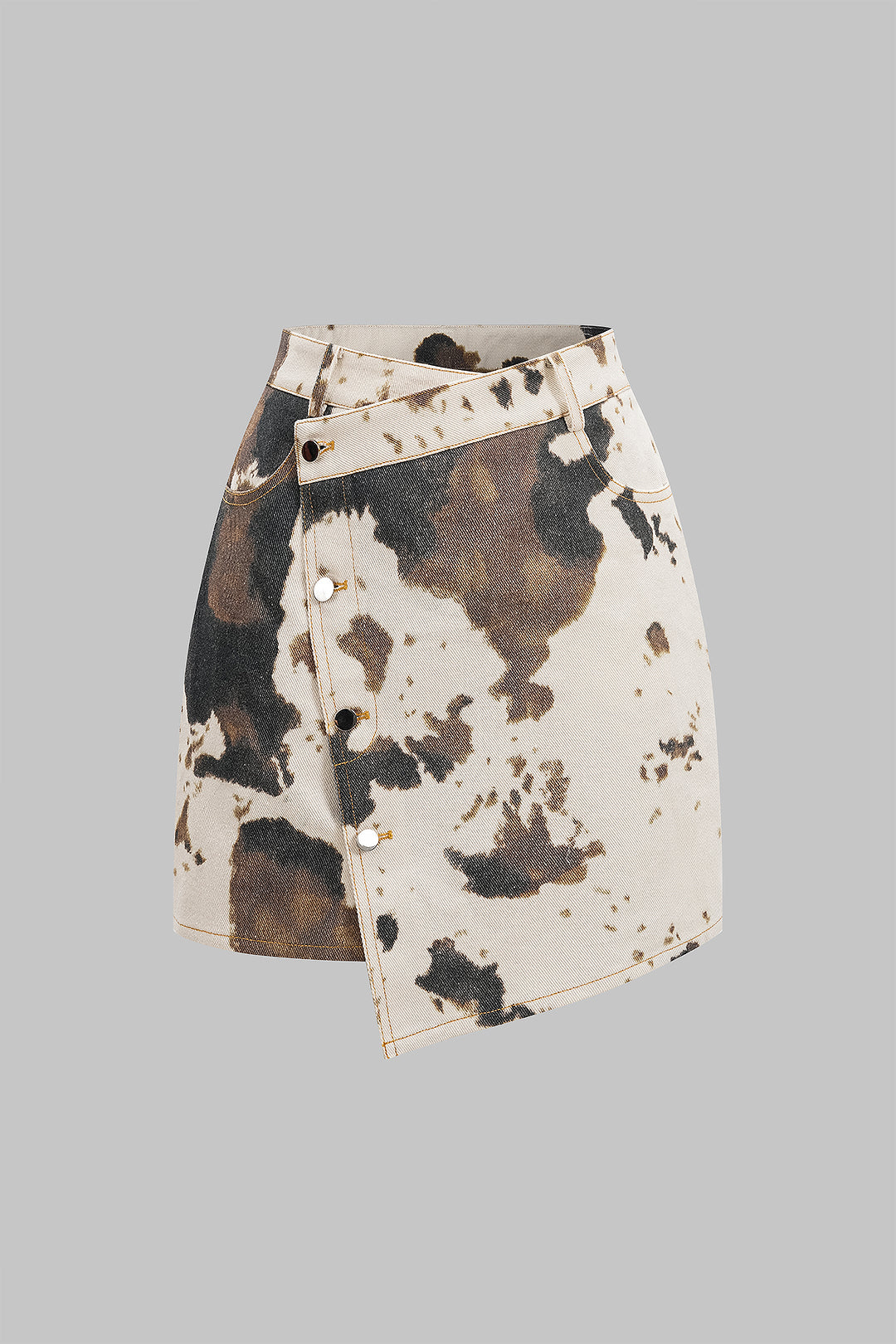 Denim Abstract Splatter Print Asymmetrical Button High Waist Skirt