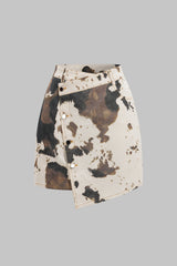 Denim Abstract Splatter Print Asymmetrical Button High Waist Skirt