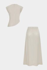 Asymmetrical Satin Draped Cap Sleeves Top And High Waist A-Line Skirt Set