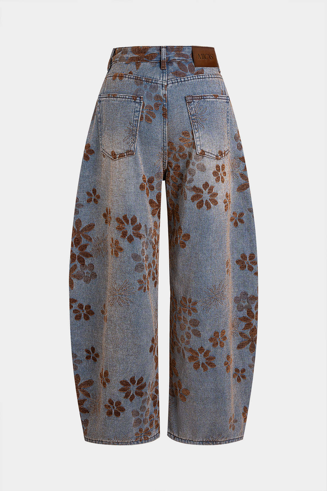 Denim Floral Print High-Waist Pocket Jeans