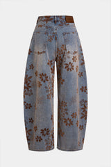 Denim Floral Print High-Waist Pocket Jeans