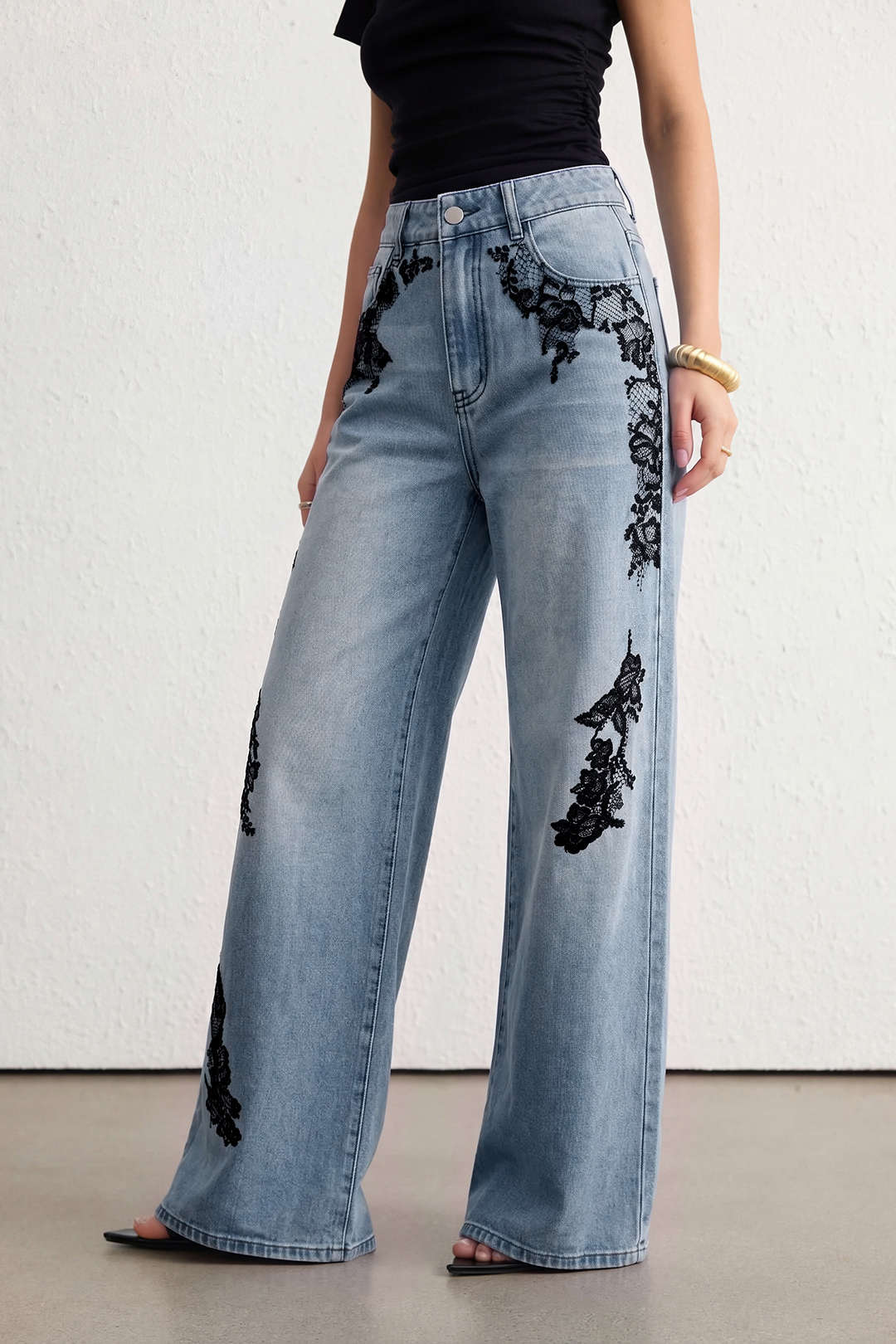 Denim Lace Print Pocket Straight Leg Jeans