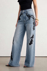 Denim Lace Print Pocket Straight Leg Jeans