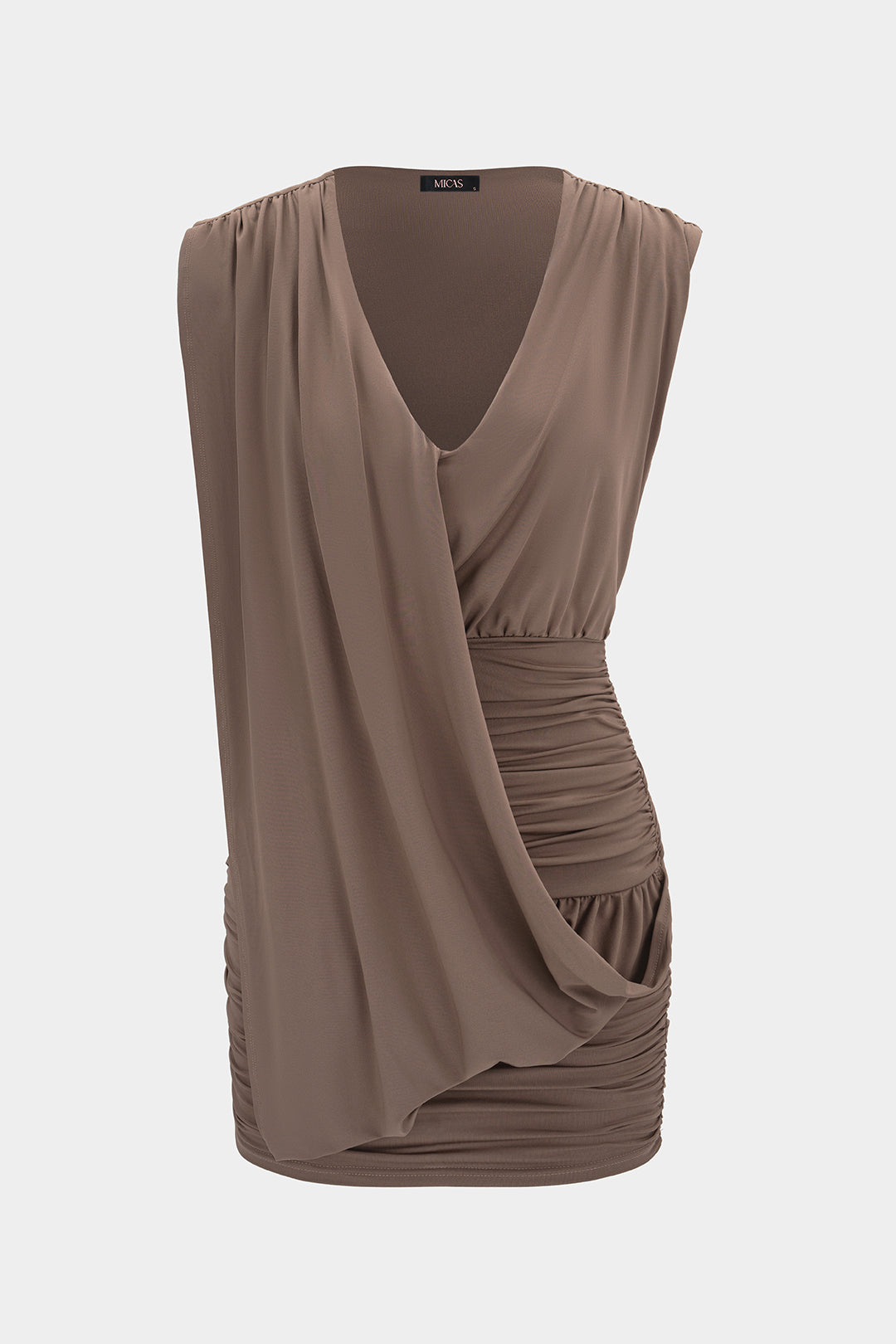 Asymmetrical Ruched Deep V-Neck Sleeveless Mini Dress