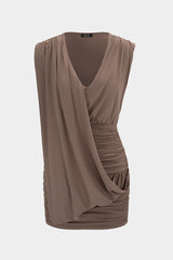 Asymmetrical Ruched Deep V-Neck Sleeveless Mini Dress