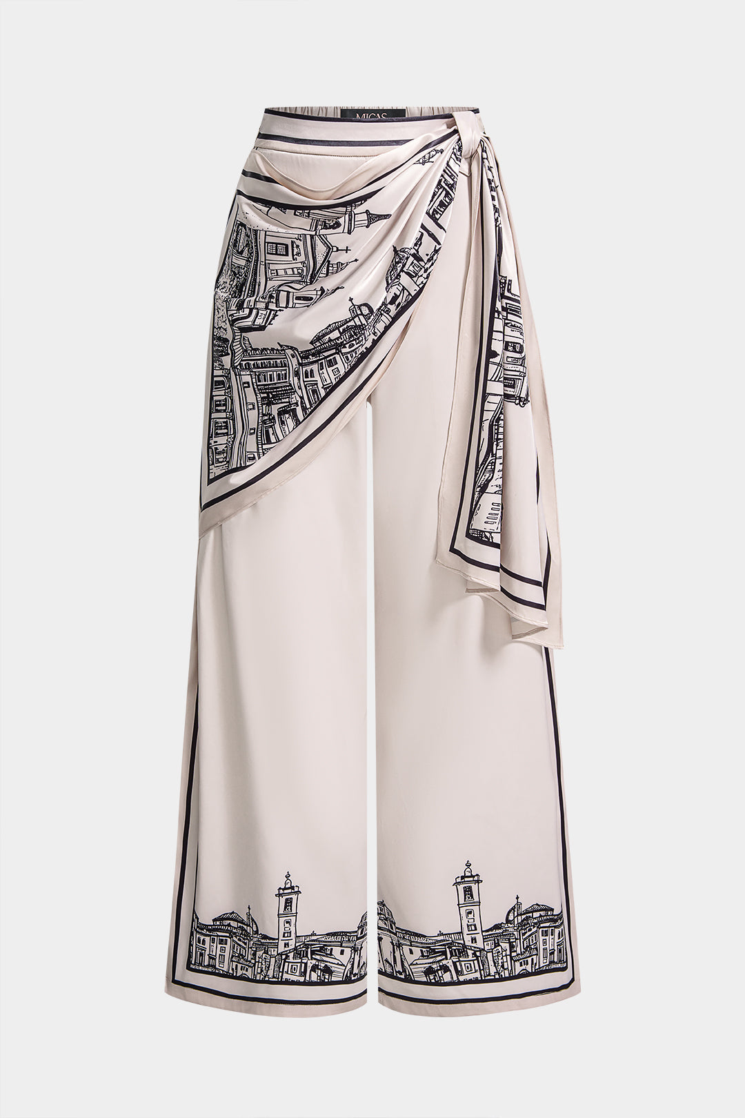 Artistic Print Satin Ruched Asymmetrical Wide Leg Pants