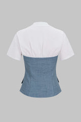 Contrast Irregular Button Lapel Short Sleeve Top
