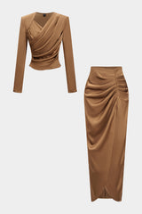 Asymmetrical Neck Ruched Long-Sleeve Top And Skirt Set