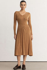 Asymmetrical Neck Long Sleeve Midi Dress