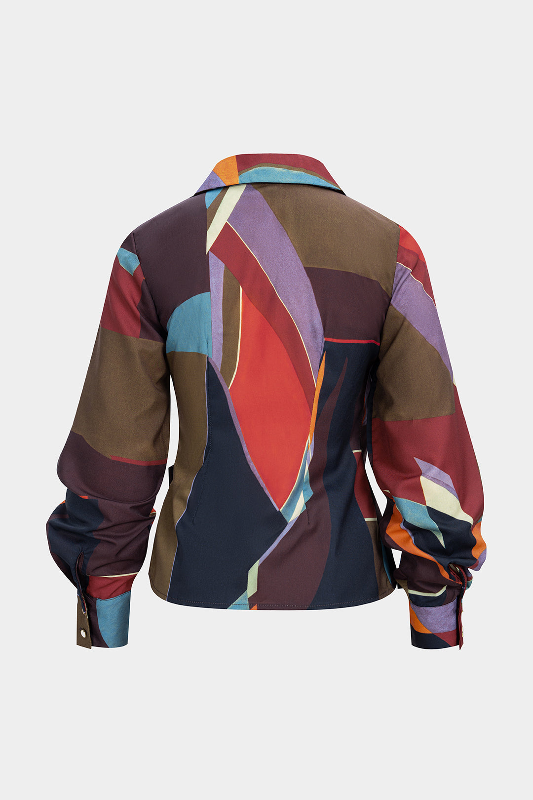 Contrast Geometric Print Button Ruched Long-Sleeve Shirt