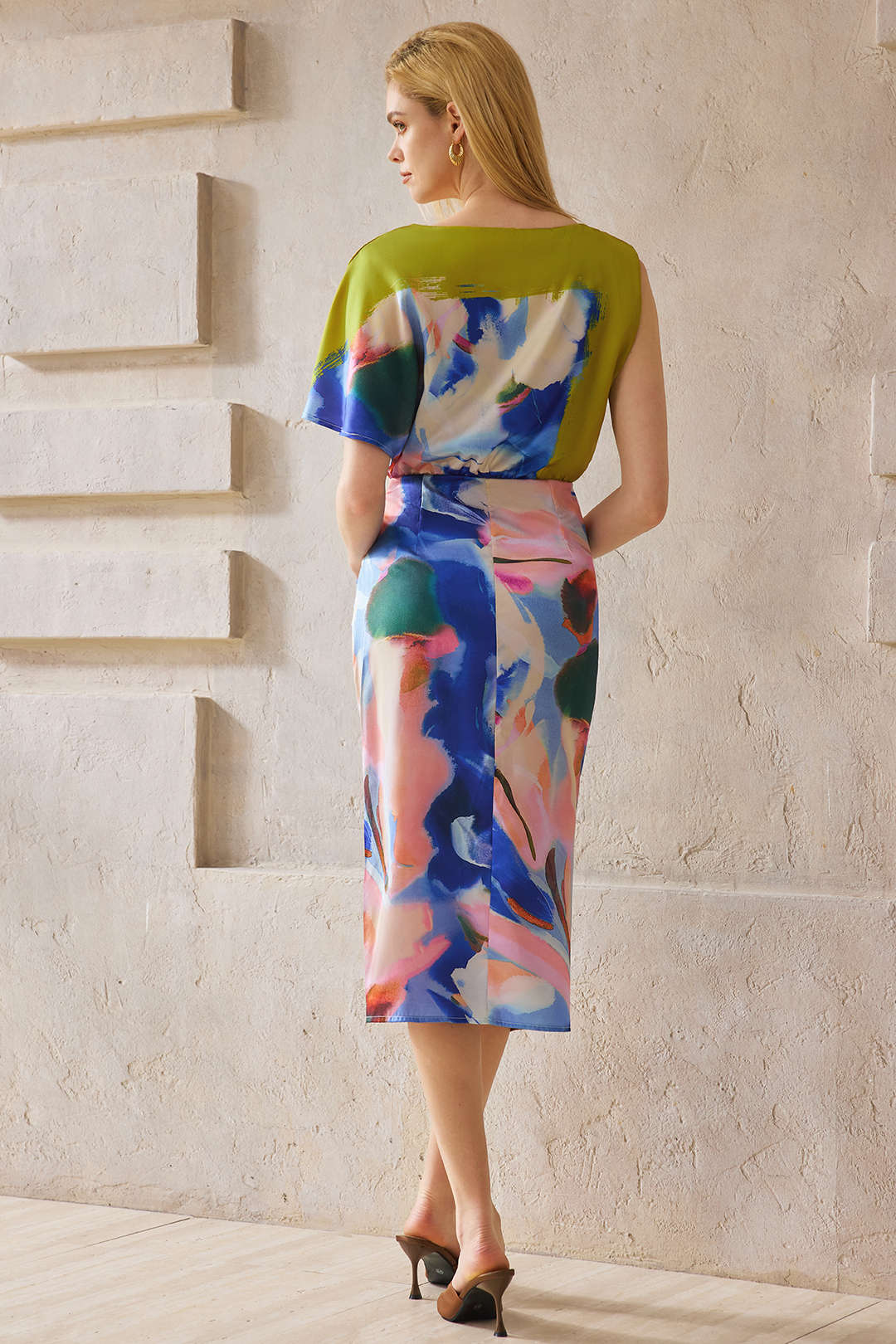 Abstract Print Satin Asymmetrical Short-Sleeve Maxi Dress