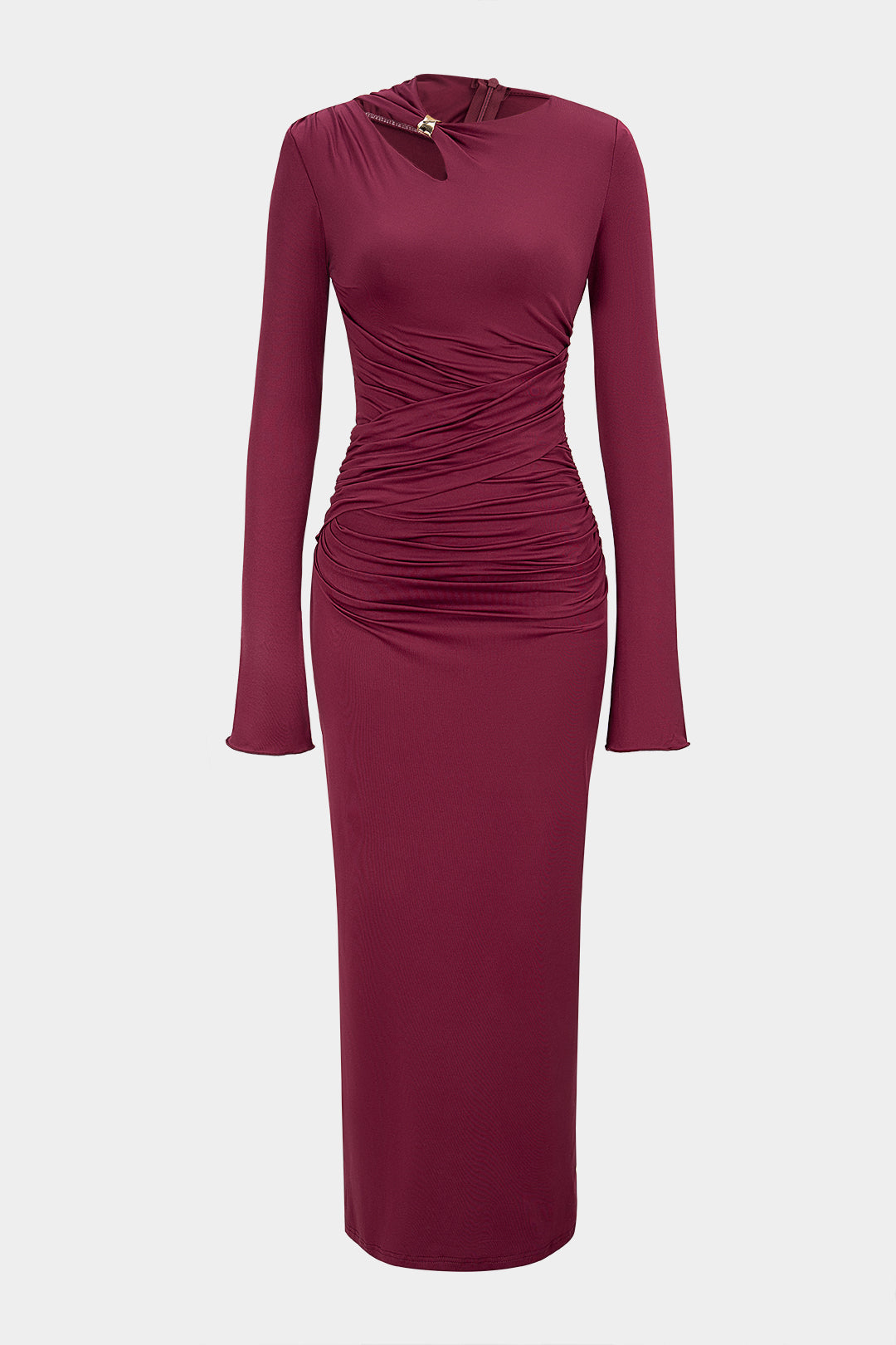 Asymmetrical Cut Out Ruched Long Sleeve Maxi Dress