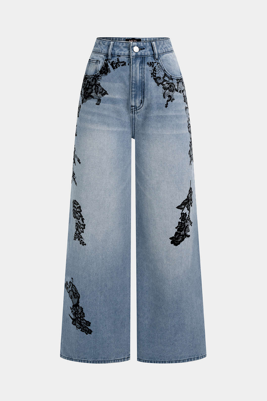 Denim Lace Print Pocket Straight Leg Jeans
