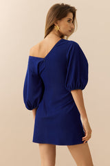 Denim Metallic Ruched Puff Short-Sleeve Mini Dress
