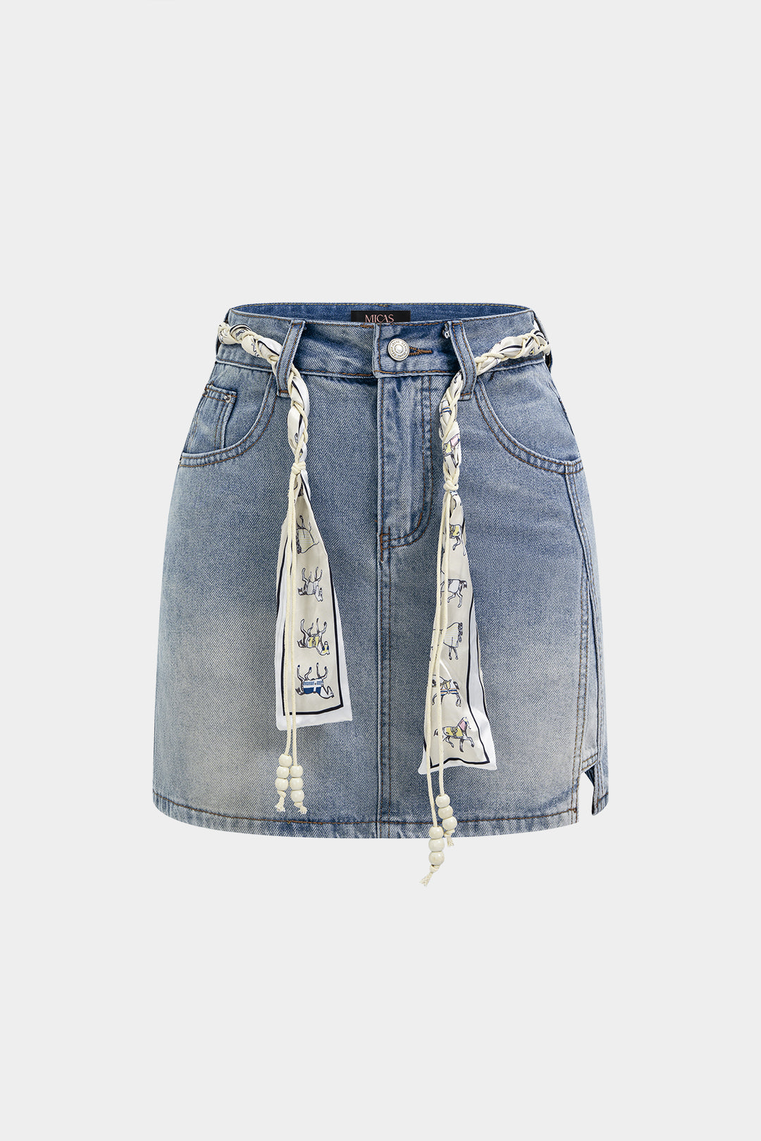 Denim Belted Beaded Skirt