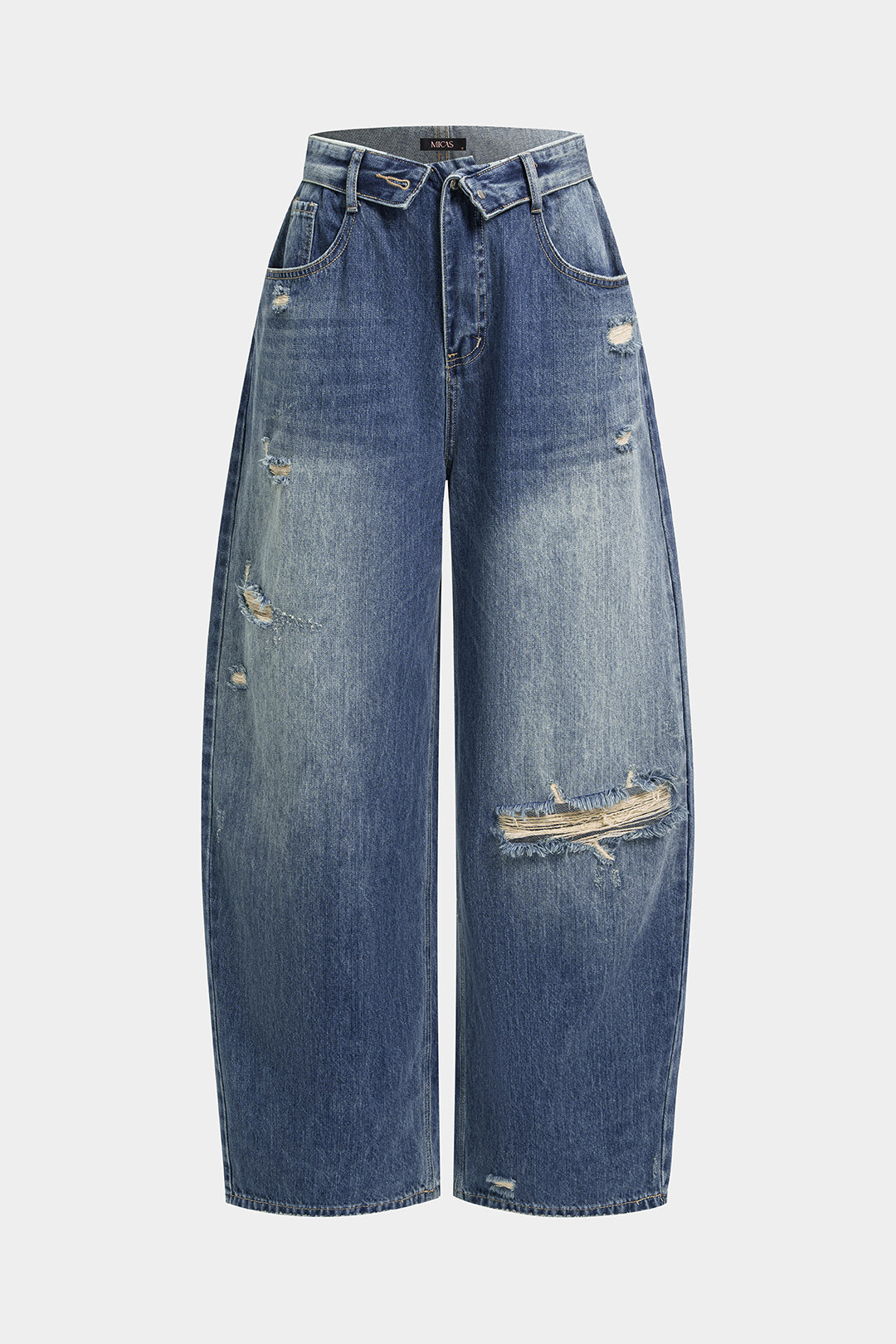 Denim Asymmetrical Frayed Barrel Jeans