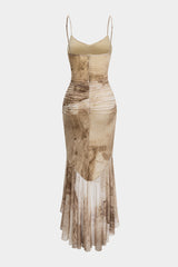 Abstract Print Asymmetrical Ruched Ruffle Hem Slip Sleeveless Maxi Dress