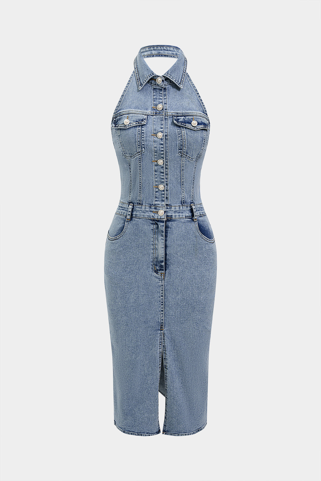 Denim Button Halter Neck Backless Sleeveless Midi Dress