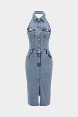 Denim Button Halter Neck Backless Sleeveless Midi Dress
