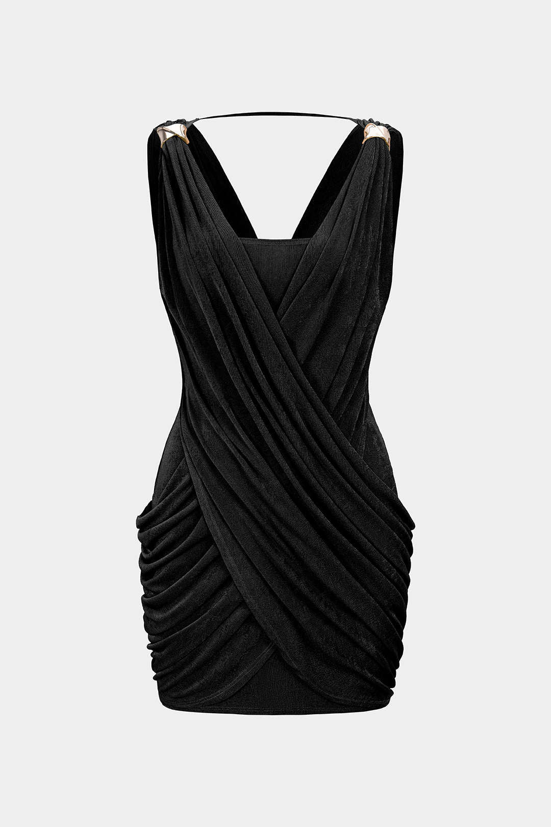 Crossed V-Neck Ruched Metallic Decor Sleeveless Mini Dress
