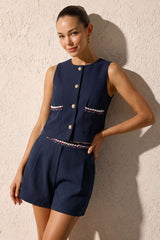 Contrast Pocket Round Neck Metallic Button Tank Top