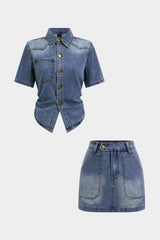 Denim Button Pocket Short Sleeve Shirt And Skirt Set