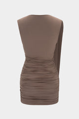 Asymmetrical Ruched Deep V-Neck Sleeveless Mini Dress