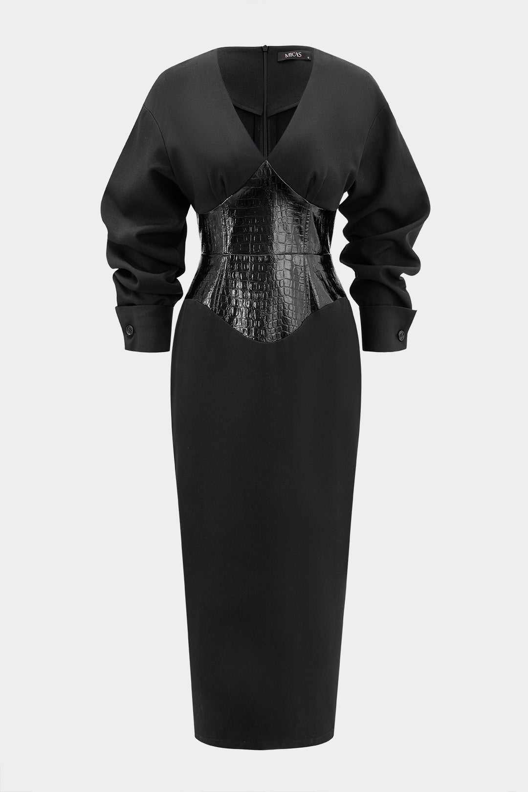 Crocodile Print Faux Leather Patchwork Long Sleeve Maxi Dress