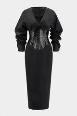 Crocodile Print Faux Leather Patchwork Long Sleeve Maxi Dress