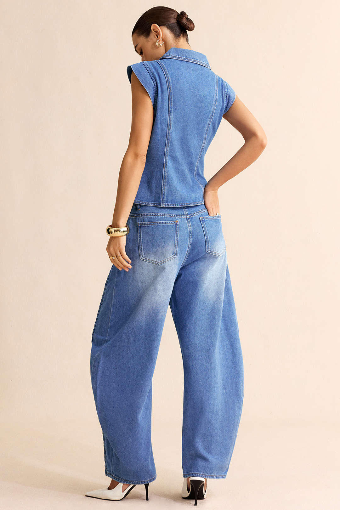 Denim Lapel V-Neck Wrap Buckle Vest