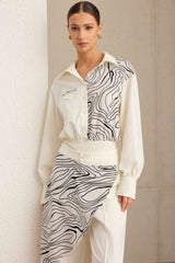 Abstract Print Patchwork Button Pocket Long Sleeve Bodysuit
