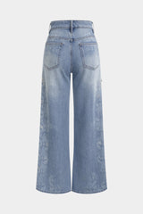 Denim Artistic Print Rhinestone Straight Leg Jeans