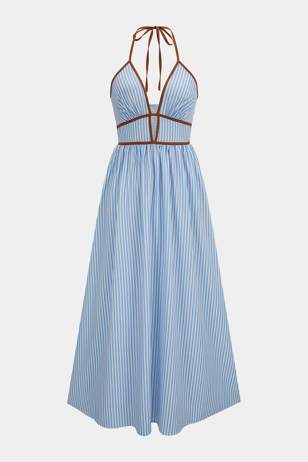 Contrast Stripes Print V-Neck Halter Neck Sleeveless Maxi Dress