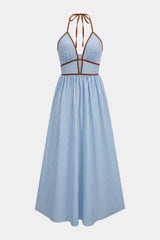 Contrast Stripes Print V-Neck Halter Neck Sleeveless Maxi Dress